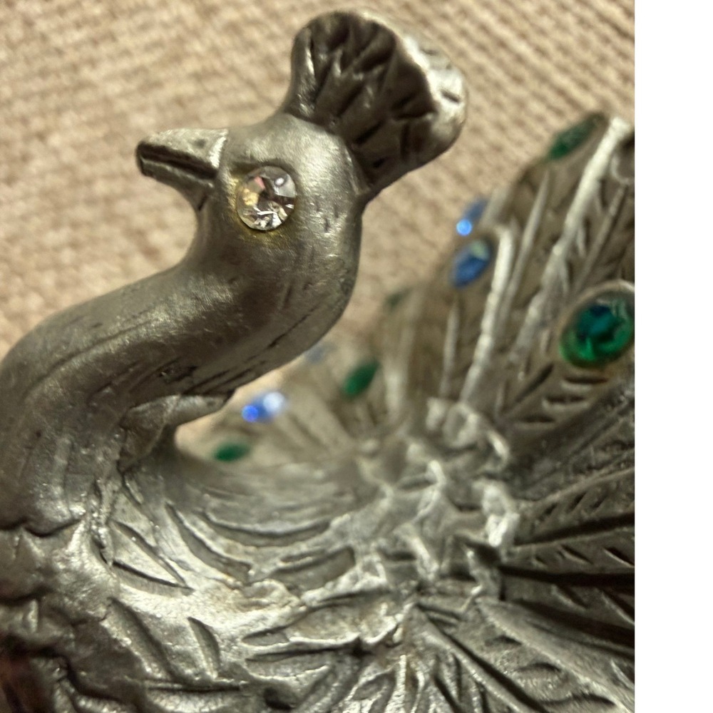 Vintage Pewter Peacock Figurine Miniature Blue Green Rhinestone Jewel Tail - Picture 9 of 13